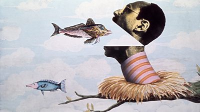 A Terry Gilliam collage animation of a man's head hinged open, eating a fish. The head is emerging from a bird's nest