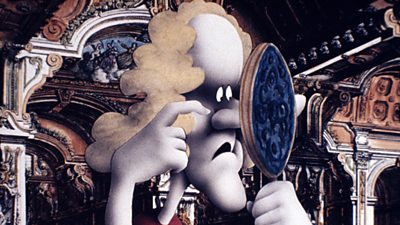 A blobby cartoon man prods a spot on his face as he looks into a hand mirror