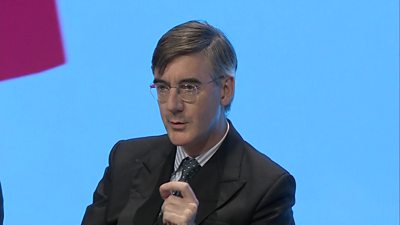 Leader of the Commons Jacob Rees-Mogg tells the Conservative conference plans for a government of national unity to replace Boris Johnson amount to a "Remoaner coup".