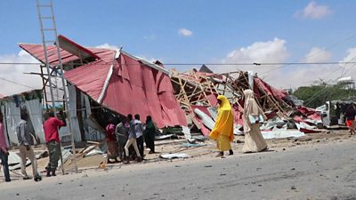 Collapsed buildings after the convoy attack in Mogadishu