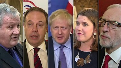 Composite image of Ian Blackford, Nigel Dodds, Boris Johnson, Jo Swinson and Jeremy Corbyn