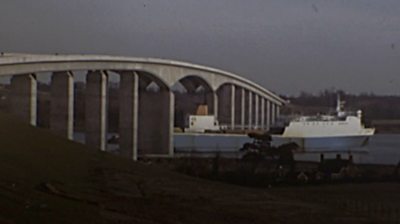 Boat goes under the Orwell Bridge