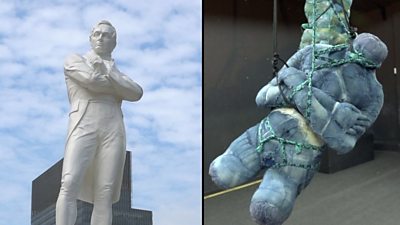 Composite of Raffles statue and artwork