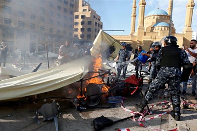 Damaged and burning protesters' camp in Beirut