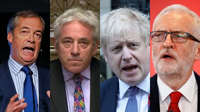 Nigel Farage, Johns Bercow, Boris Johnson, Jeremy Corbyn