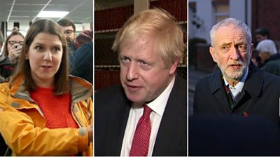 Composite image of Jo Swinson, Boris Johnson and Jeremy Corbyn