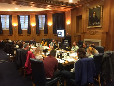 The Comedy Room writers in the Council Chamber in Old Broadcasting House under the gaze of the tv's first Director-General, Lord Reith