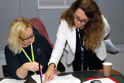 Jill O'Halloran (l) working with Producer Pauline Harris (r)