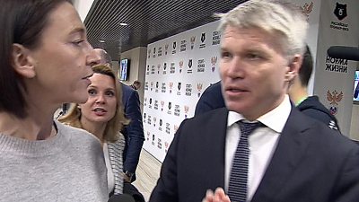 Russian Sports Minister Pavel Kolobkov being questioned by BBC's Sarah Rainsford