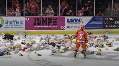 teddy bears thrown on ice