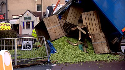 A vehicle pulling a trailer full of Brussels sprouts overturned in Rosyth.