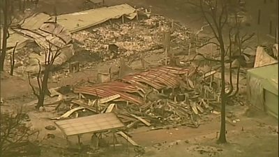 Aerial view of burned building in Gippsland, Victoria