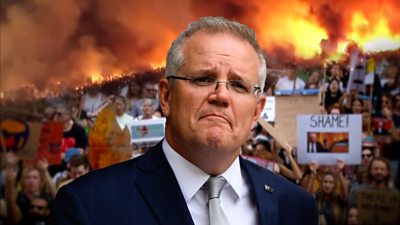Composite image of Scott Morrison, bushfires and protesters.