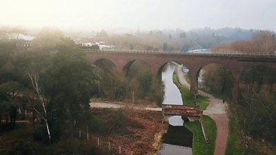 Falling Sands Viaduct carries locomotives over a river and canal