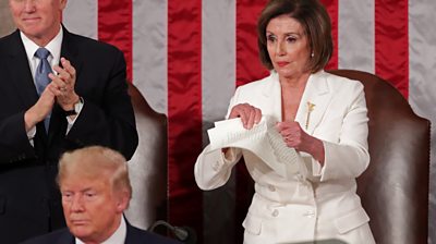 As the president finished his address, the House Speaker tore up pages of the copy he had handed her.