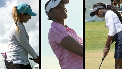 Three African female golfers in split screen