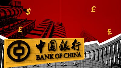 Bank of China sign against a backdrop of buildings and currency signs.