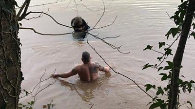 Man wades into floodwater to save woman