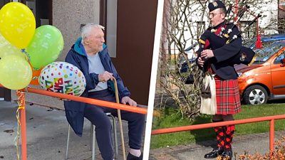A piper played outside Alfred Walter’s home after his birthday party was cancelled because of the coronavirus.