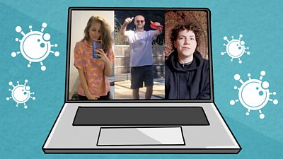 Computer with an image of three people on the screen