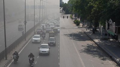 The same road in New Delhi, before and during lockdown.