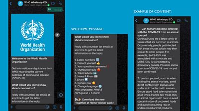 WHO Health Alert welcome message and content example 