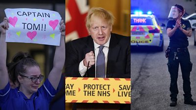 Montage of nurse, Boris Johnson and police officer