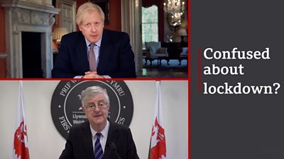 Mark Drakeford and Boris johnson next to text reading 'confused about lockdown?'