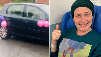 A Wizard of Oz fan's friends and family hold a drive-by celebration after she was cleared of cancer.