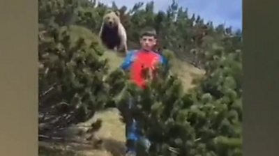 Boy and bear behind him