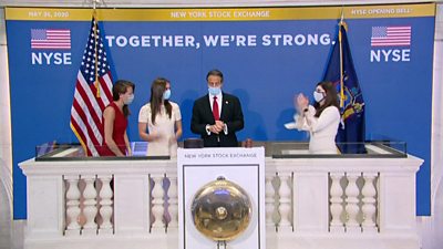 New York Governor Andrew Cuomo rings the opening bell at the New York Stock Exchange