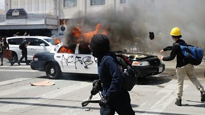 Police car on fire in Los Angeles