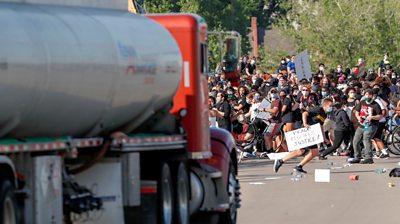 Tanker driving in protesters