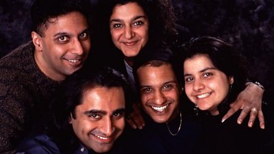  L-R : Nitin Sawhney, Sanjeev Bhaskar, Meera Syal, Kulvinder Ghir and Nina Wadia taken for the start of their radio series of Goodness Gracious Me