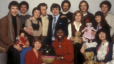 The 13 regular presenters gathered to celebrate Play School's fifteenth birthday with Floella Benjamin in the middle, 8th February 1979