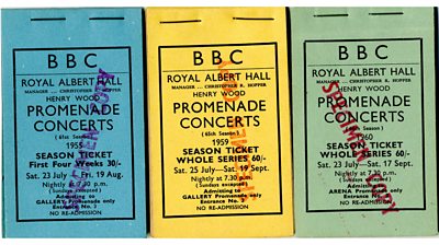 Proms exhibition Tickets in three colours for different years. They have 'specimen copy' stamped on them.