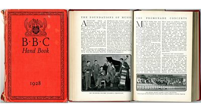 鶹ҳ Hand Book 1928 front cover, and two pages from the book called 'The Foundations of Music: the Promenade Concerts"