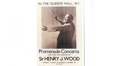 Poster with a dramatic picture of Sir Henry Wood with a large conducting baton. The poster reads "In the Queen's Hall W1 Promenade Concerts"