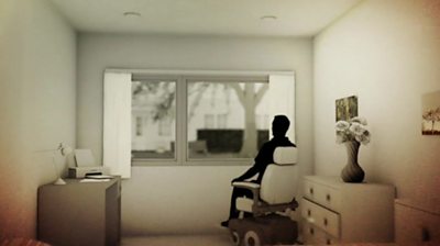 Artist's impression of man sitting in wheelchair at a window
