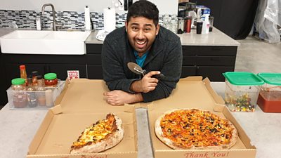 BBC Click reporter Omar Mehtab stands next to two pizzas - one made by him and one assembled by a machine