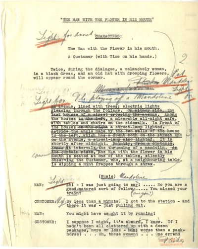 Typewritten script with many pencil annotations