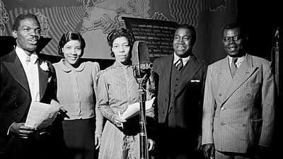 Una Marson (centre) introduced Uriel Porter, Gladys Taylor, Ike Hatch, and Lionel Trim.