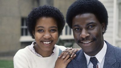 Mid shot portrait of Ebony presenters Juliet Alexander and Vince Herbert (l-r)