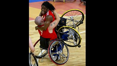 Paralympics Athens 2004 Ade Adepitan (right) celebrates with Jon Pollock after beating the USA during their Wheelchair Basketball 