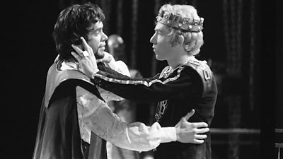 Two men embrace ahead first same sex kiss on ˿ Two's production of Edward II by Christopher Marlowe, 1970 