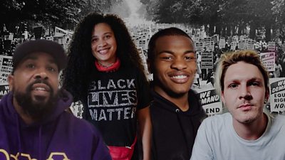 Four people with a photo of the original march behind them