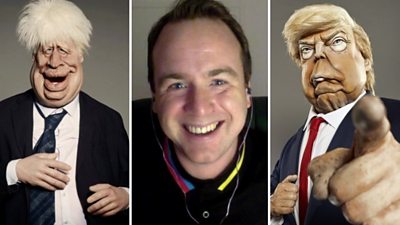 Composite image of impressionist Matt Forde and Spitting Image puppets of Boris Johnson and Donald Trump