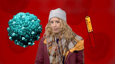 Laura Foster stands next to an image of a flu virus and a vaccine