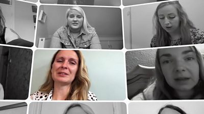 Split screen of women speaking about suffering from endometriosis
