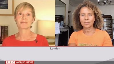 World News presenter Philippa Thomas interviews a women on the programme Coronavirus: Your Stories